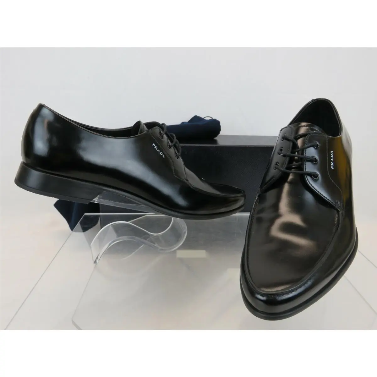 Prada 2EC124 Black Polished Leather Pointed Toe Lace Logo Oxfords 7.5