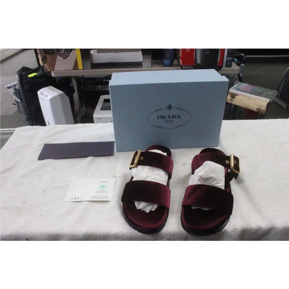 Prada Women`s Red Velvet Dual-band Flat Sandals Shoes Size EU:40 US:10