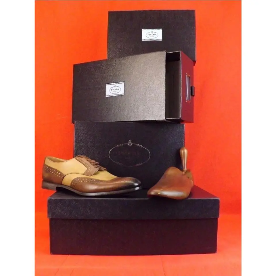 Prada 2EF020 Burnished Brown Tan Leather Brogue Oxfords Trees Set 10