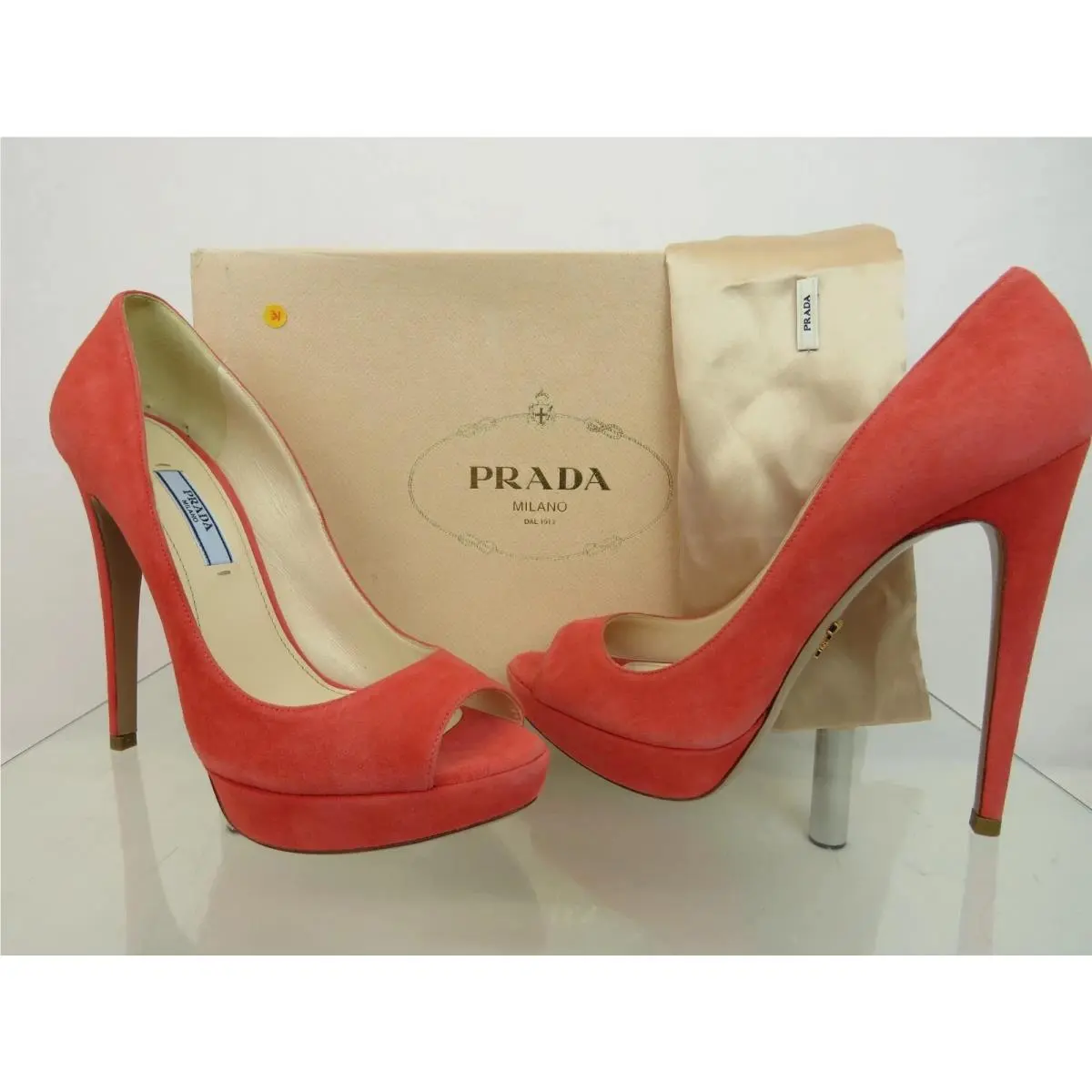 Prada 1KP150 Coral Suede Gold Logo Peep Toe Platform Pumps 37.5 Italy