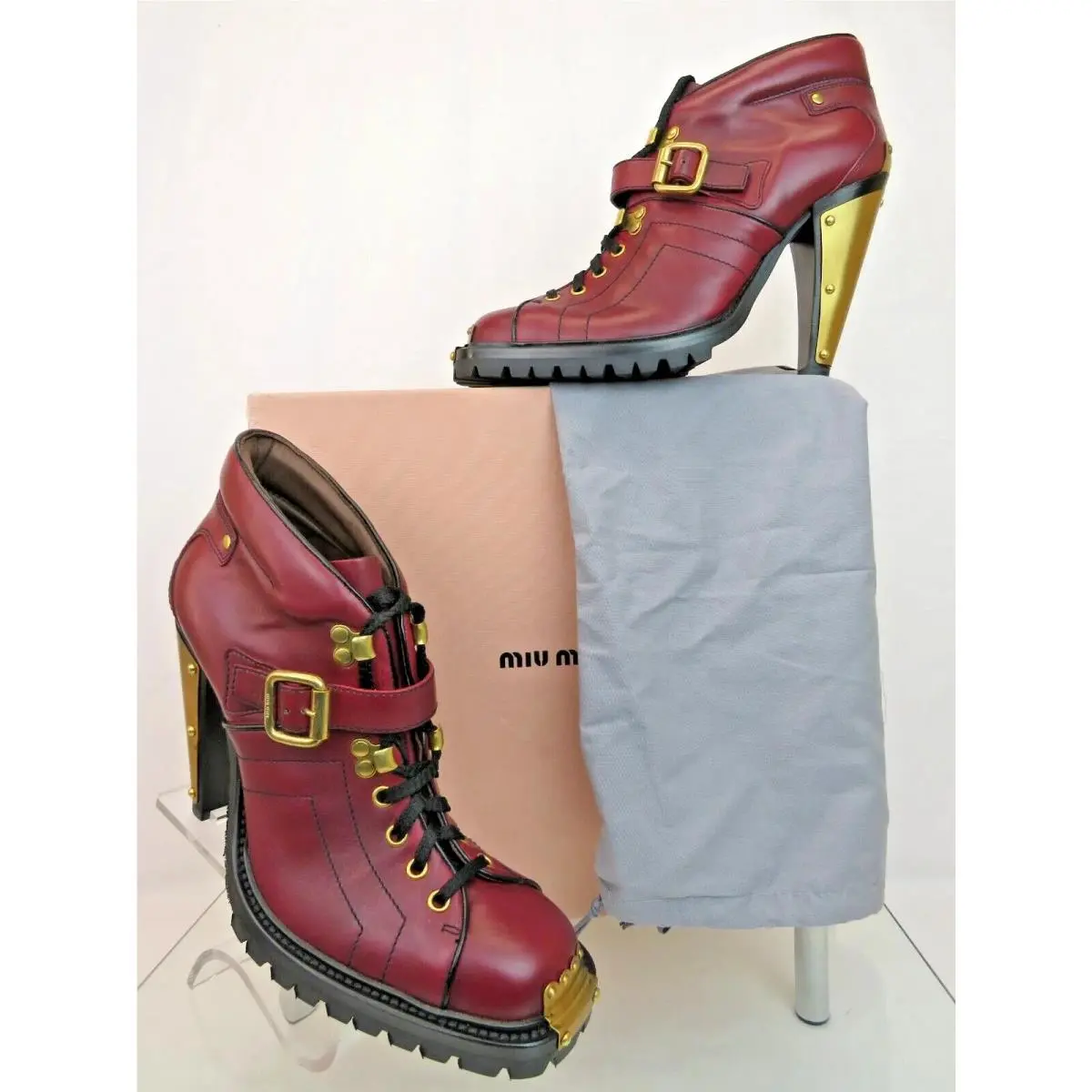 Burgundy Leather 5P4581 Metal Belted Lace Ankle Boots 40 Italy by Prada