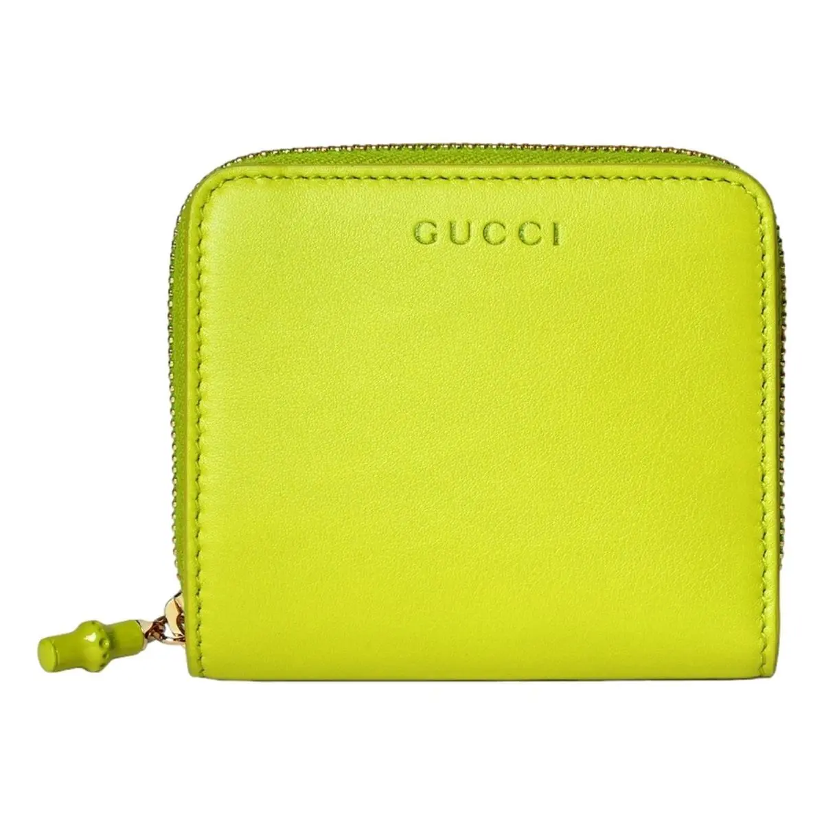 Gucci Bamboo Series Lime Green Leather Zip Around Bifold Wallet