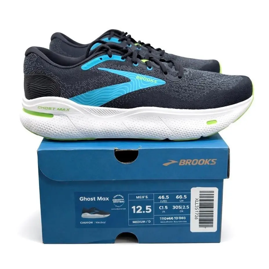 Brooks Ghost Max Cushioned Running Shoes Mens 12.5 Black Atomic Blue Jasmine