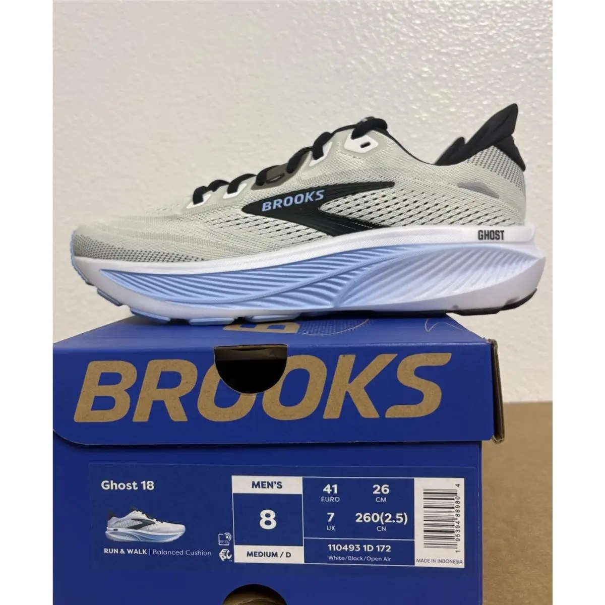 Brooks Men’s Ghost 18 Running Sneaker Color White/black /open Air Size 8