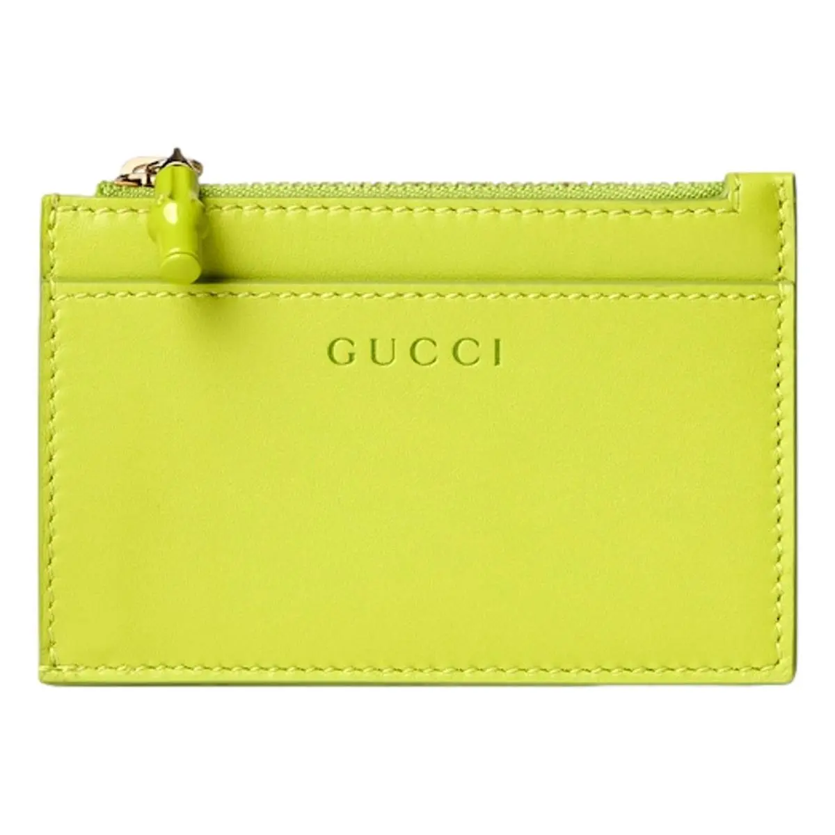Gucci Bamboo Series Lime Green Leather Zipper Card Holder Wallet