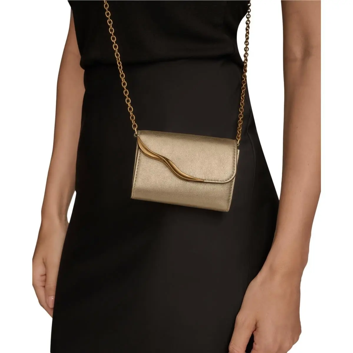 Donna Karan New York Women Malverne Metallic String Cross Body Wallet Black Gold