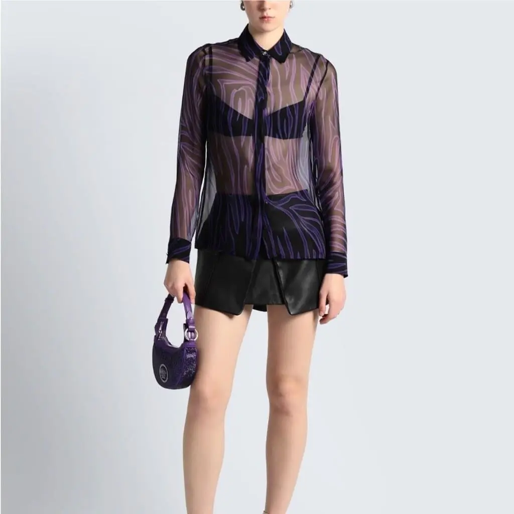 Versace Printed Silk Chiffon Shirt Black Orchid Purple Button Down Shirt Size 10