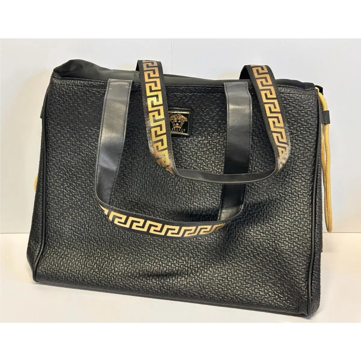 Versace Tote Bag Leather Holdall Weekender Black Metallic Gold Medusa