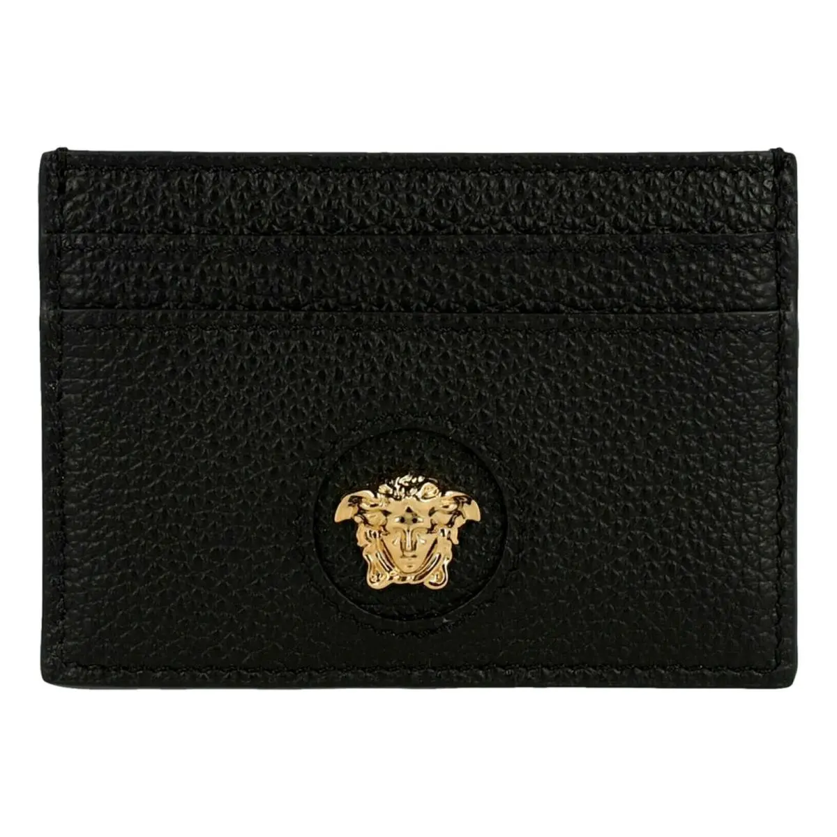 Versace La Medusa Black Pebbled Leather Card Holder Wallet Gold Logo