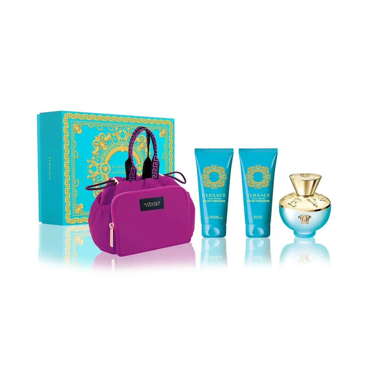 Versace Dylan Turquoise 4pc Set 3.4ozEDT + 3.4oz Bath Gel + 3.4oz Body Gel + Bag