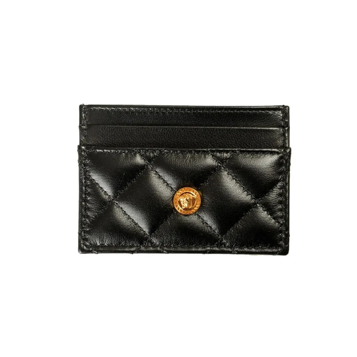 Versace Black Quilted Leather Gold Medusa Card Case Holder