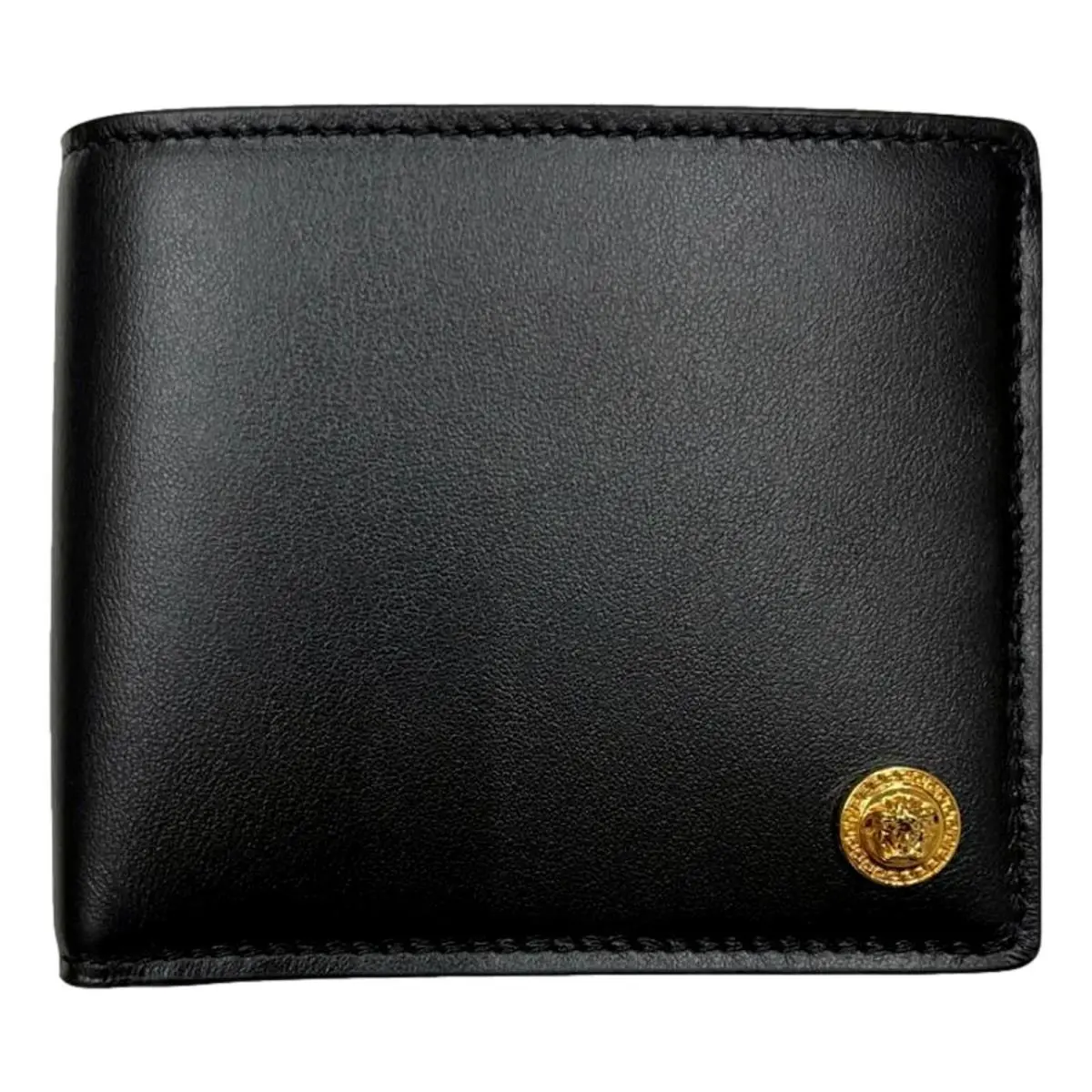 Versace La Medusa Black Calfskin Leather Bifold Wallet Gold Medusa