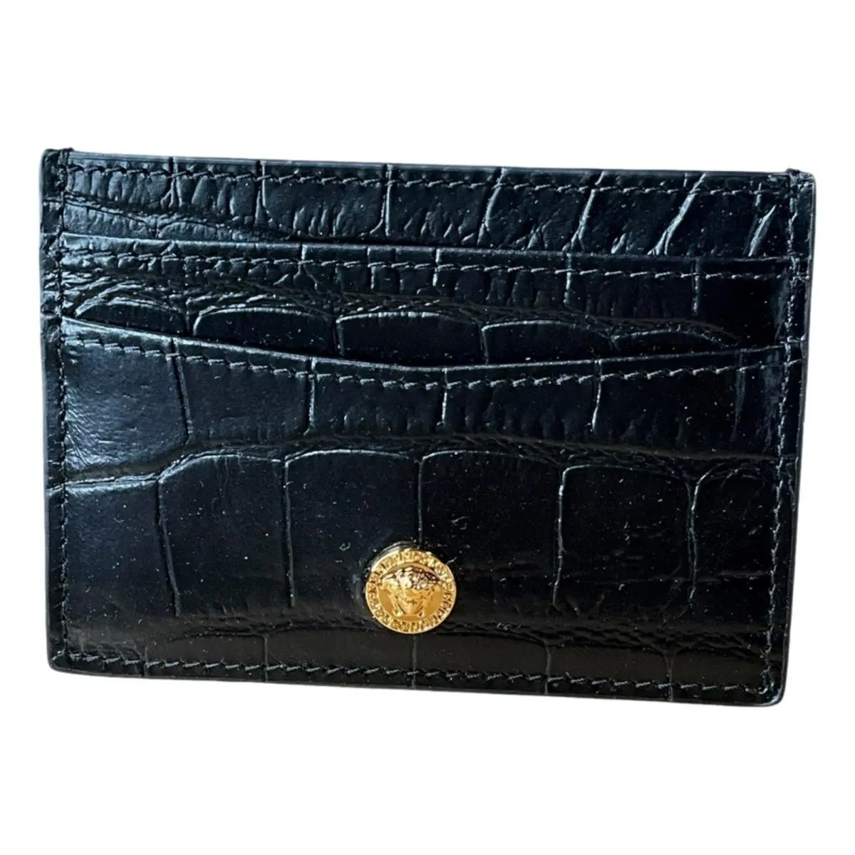 Versace La Medusa Black Crocodile Embossed Leather Card Holder Wallet