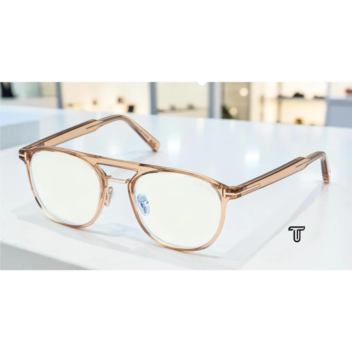 Tom Ford FT5982 B 045 Shiny Light Brown Demo Lens 52 mm Men`s Eyeglasses