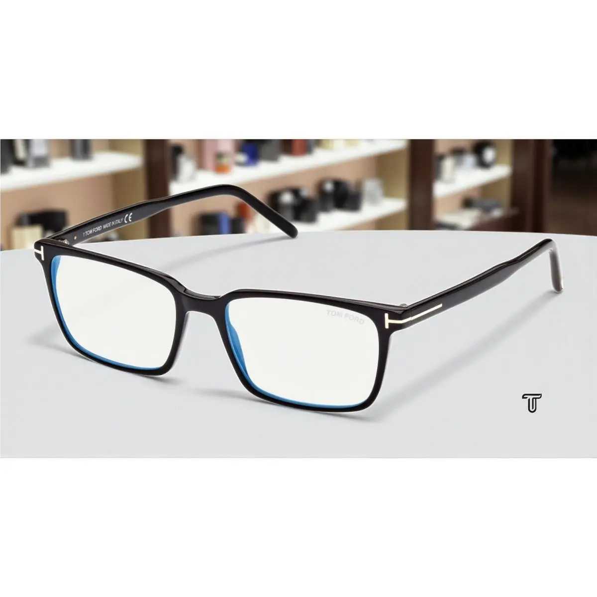 Tom Ford FT5802-B 001 Rectangular Shiny Black Blue Block 53 mm Men`s Eyeglasses