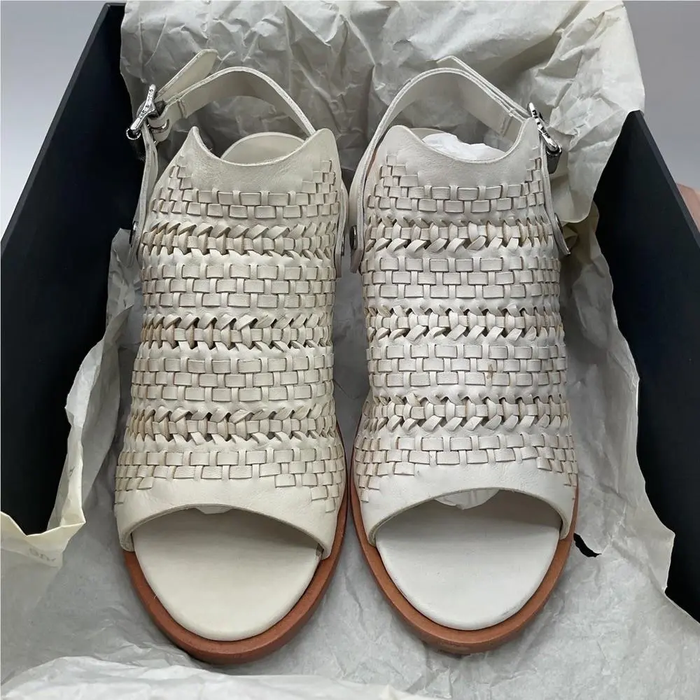 Rag Bone Wyatt Woven Mid Heel Sandals Ivory White Leather Slingback Size 35 by Rag & Bone