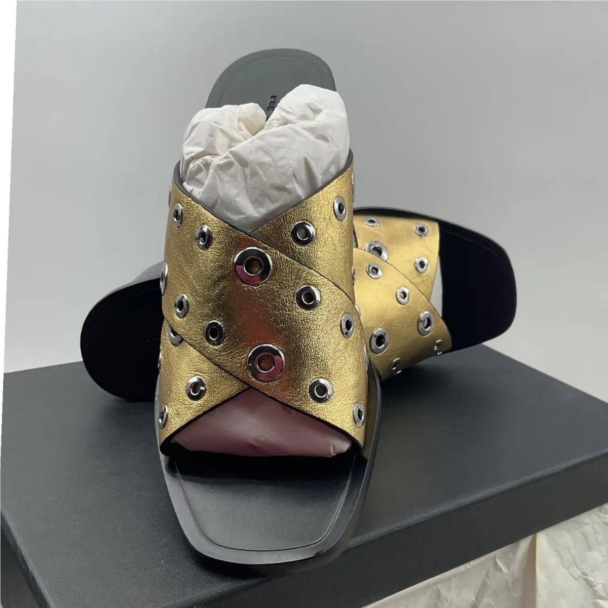 Rag Bone Gold Metallic Leather Grommet Crisscross Block Heel Slide Mules39 by Rag & Bone