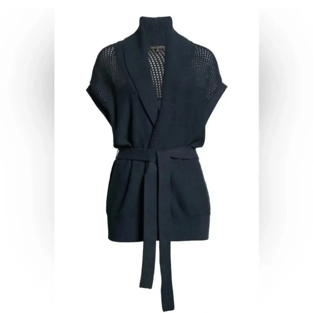 Rag Bone Navy Blue Salute Andi Short Sleeve Belted Wrap Cardigan Sz L by Rag & Bone
