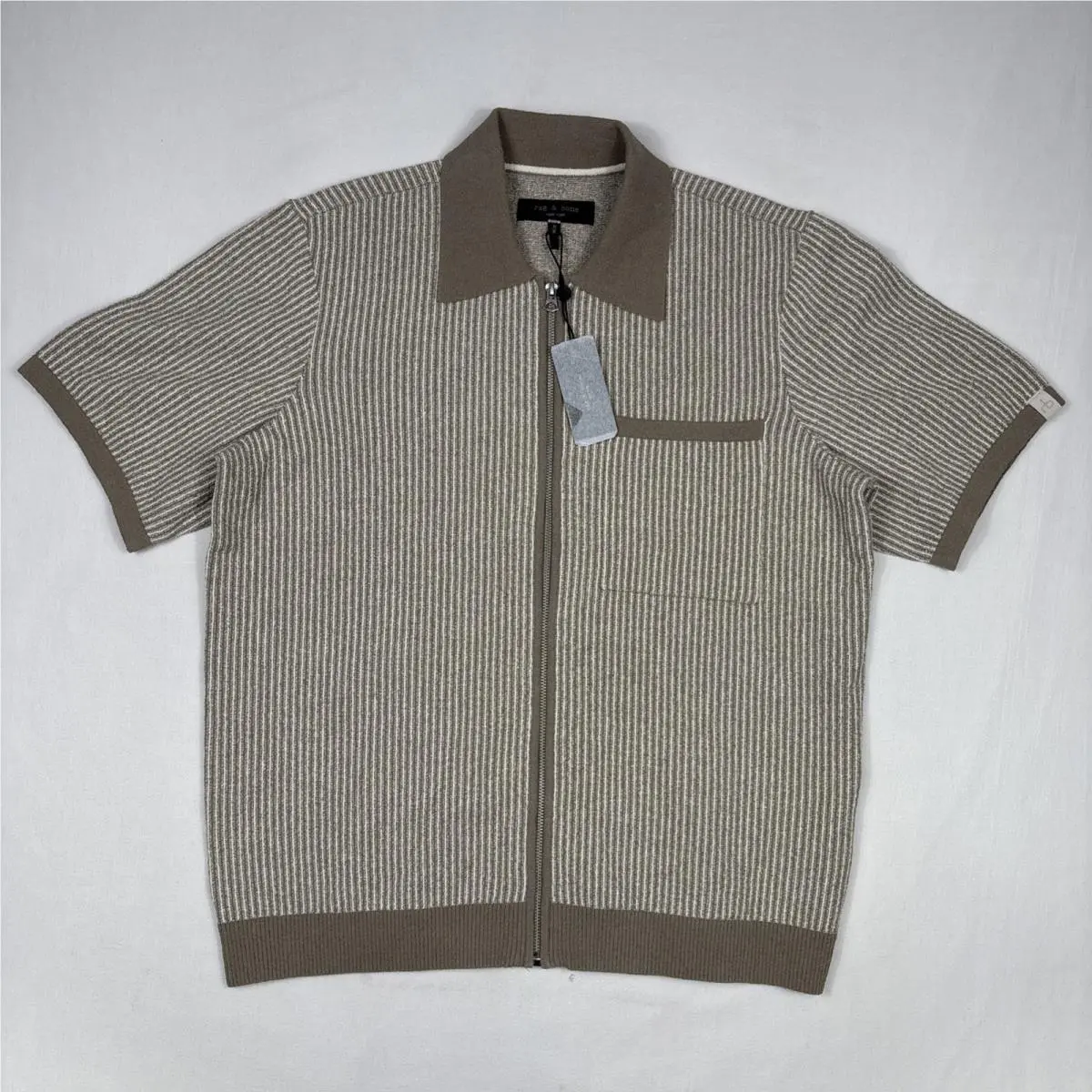 Rag Bone Zuma Terry Shirt Men`s M Beige Zip Up Jacquard Towel Polo Pocket