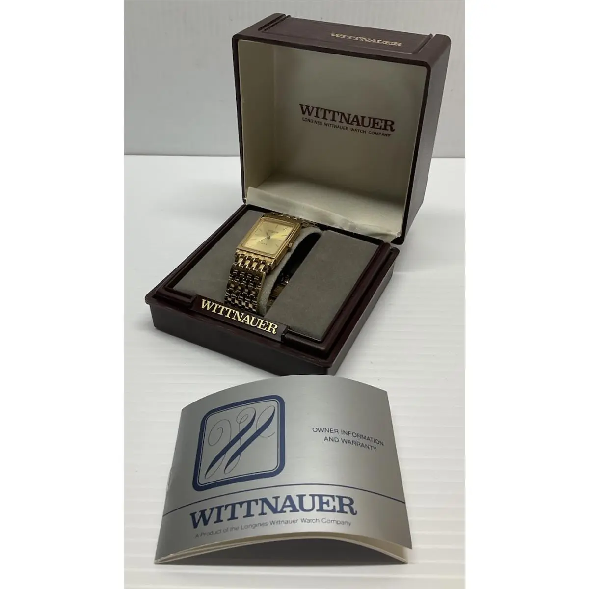 Qwr Gold Tone Quartz Mens Tank Dress Wrist Watch S02381 Swiss 9782 by Wittnauer