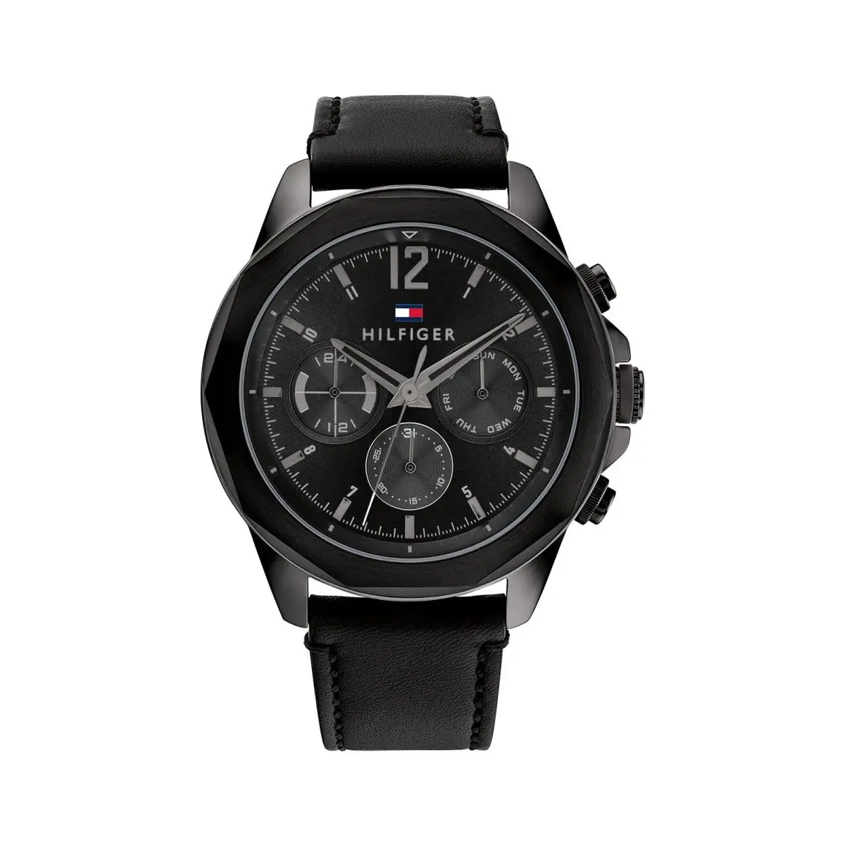 Tommy Hilfiger 1792062 Men`s Black Leather Strap Multifunction Black Dial 46mm - Black