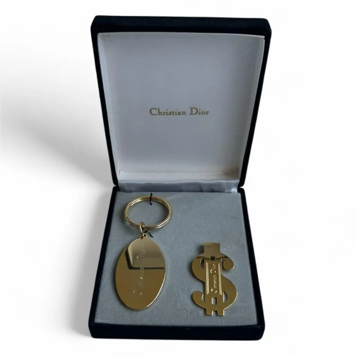 Vtg Christian Dior Dollar Sign Money Clip Gold Oval Key Ring Set