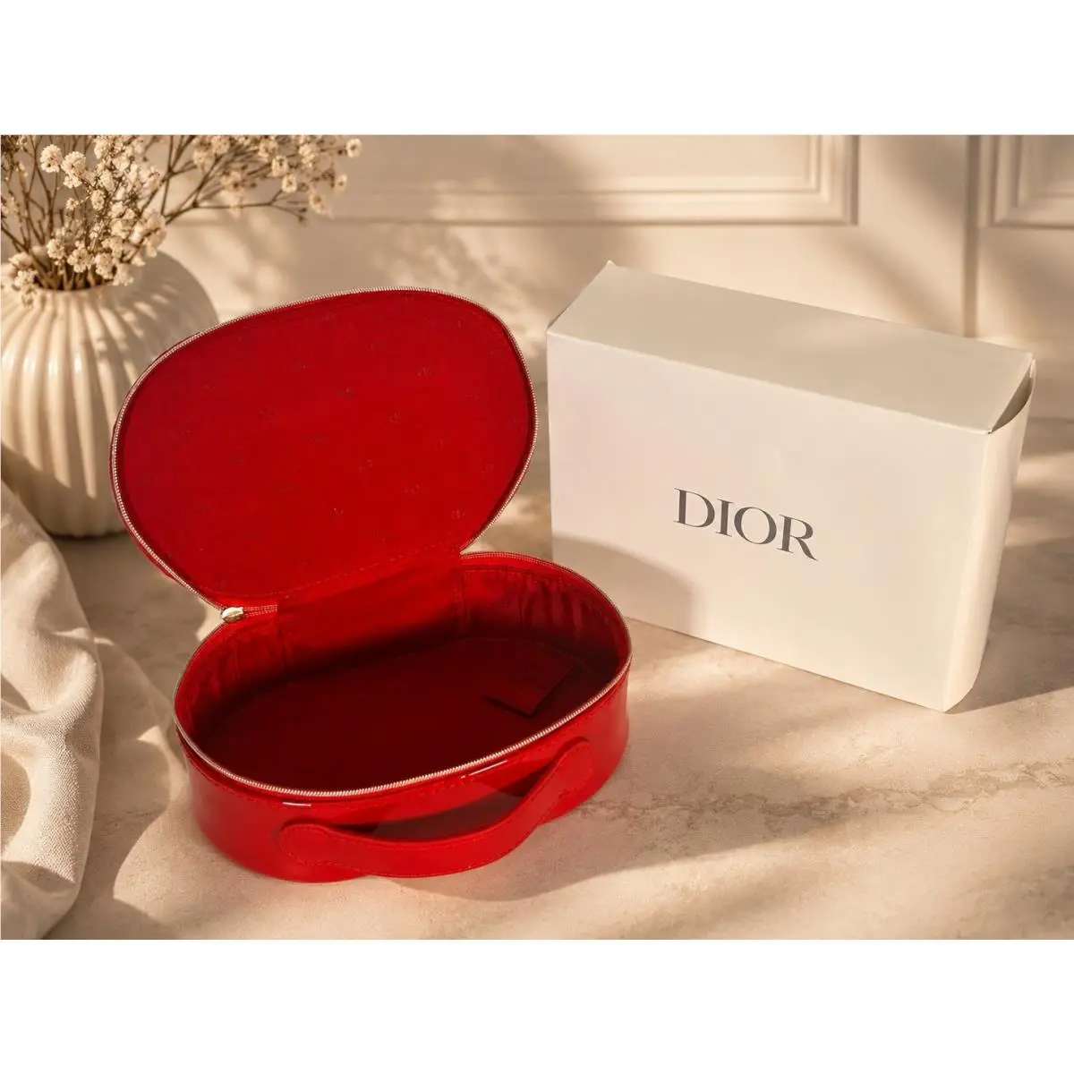 Dior Red Patent Zipped Cosmetic Pouch Vanity Makeup Bag with Handle