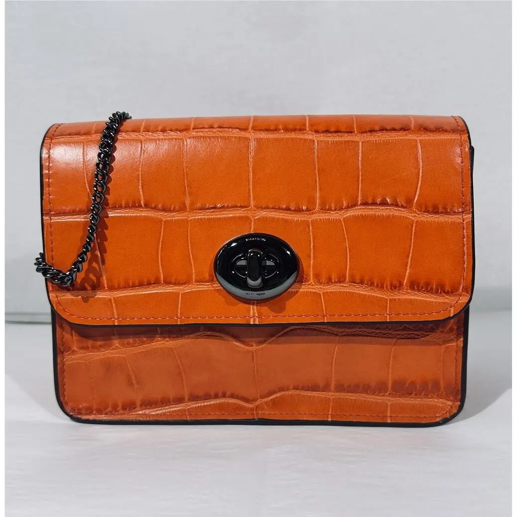 Coach Embossed Croc Turnlock Chain Crossbody Bag Dk/deep Coral