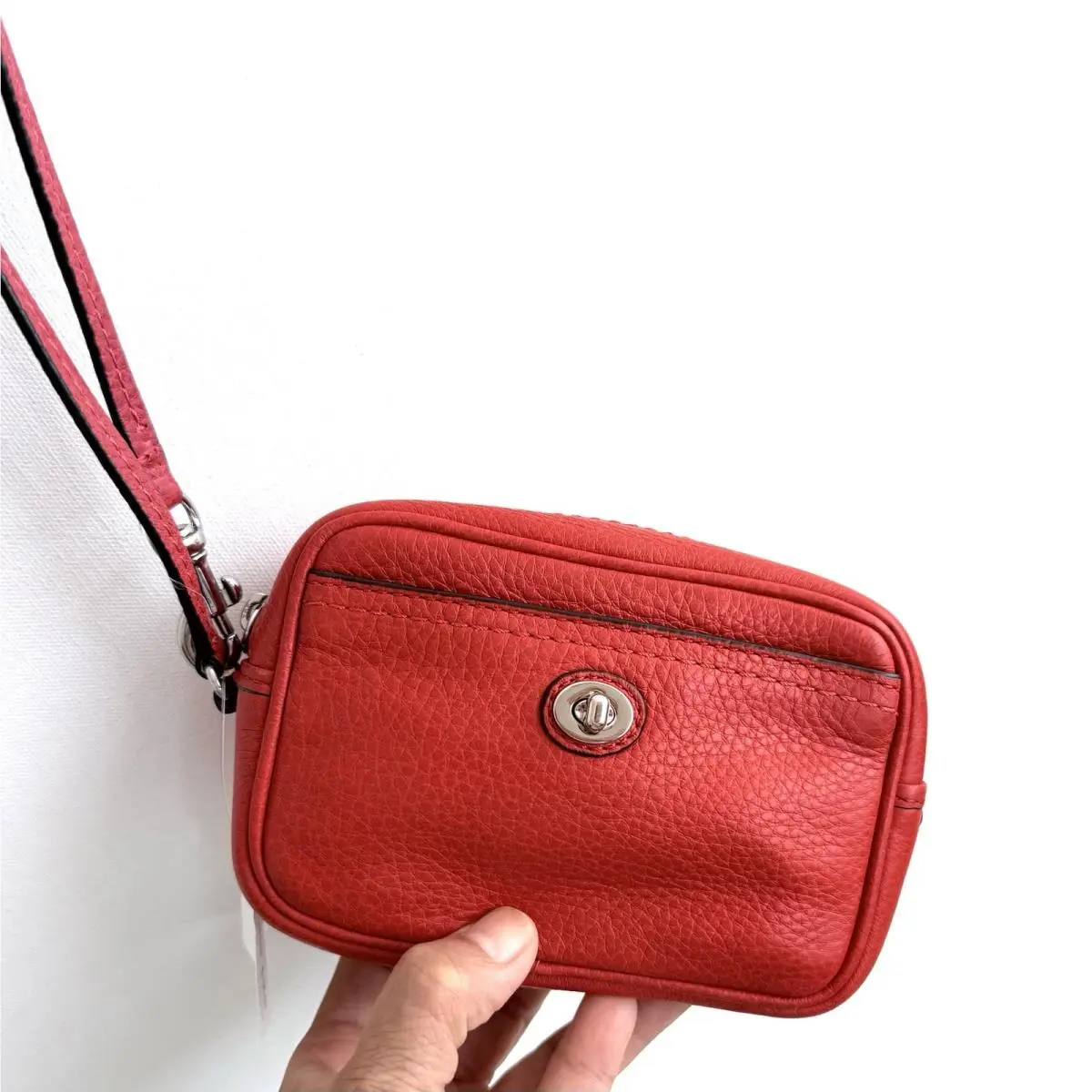 Coach Leather Turn Lock Pouch Wristlet Wallet 63555 Red Silver Hardware
