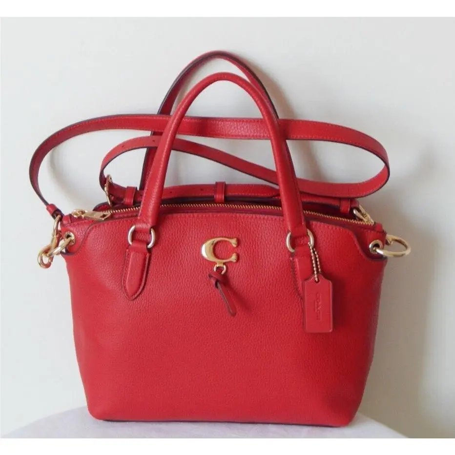 Coach Remi Pebbled Leather Three Compartments Satchel Top Handle Bag in Red