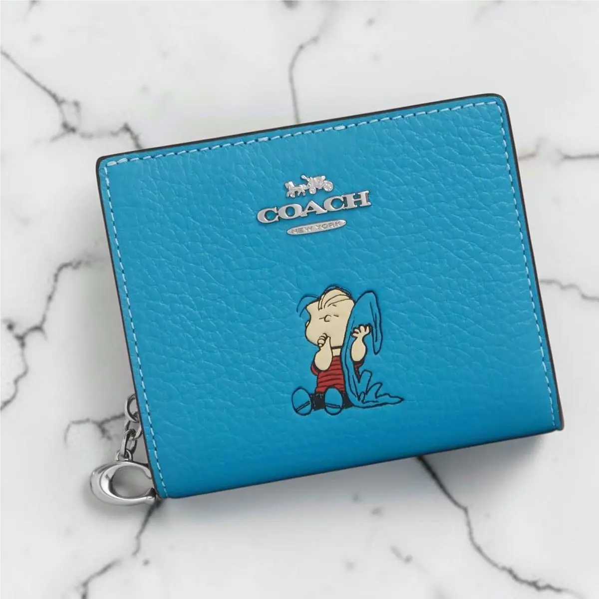 Coach X Peanuts Snap Leather Wallet with Linus in Parrot Blue CBN91