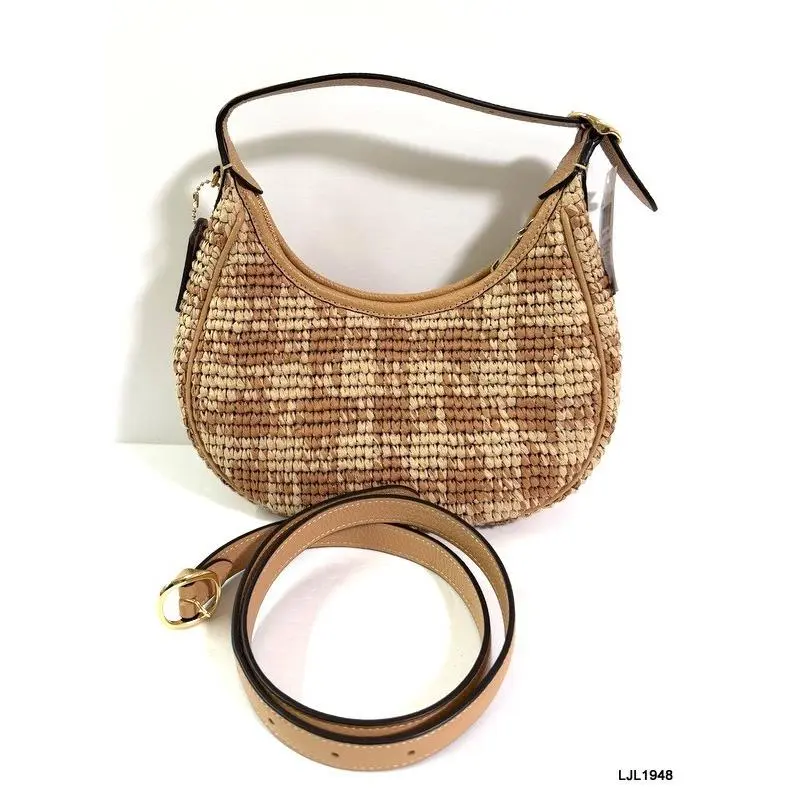Coach Emily Straw + Leather Shoulder Bag with Gingham Print Tan CEN02