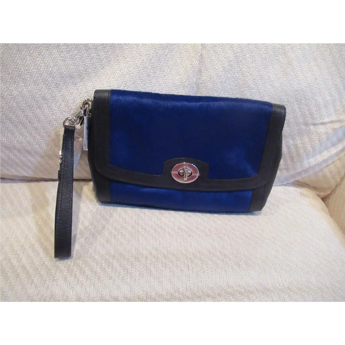 Coach Legacy Haircalf Large Flap Clutch/wristlet / Silver/ Cobalt/ 2 Tassels