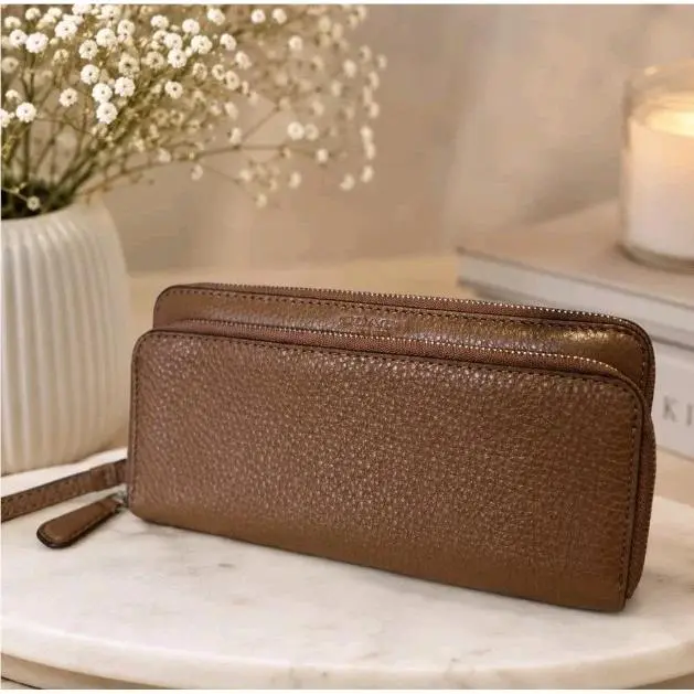 Coach Park Leather Double Accordion Zip Wallet Wristlet Camel Tan F51725