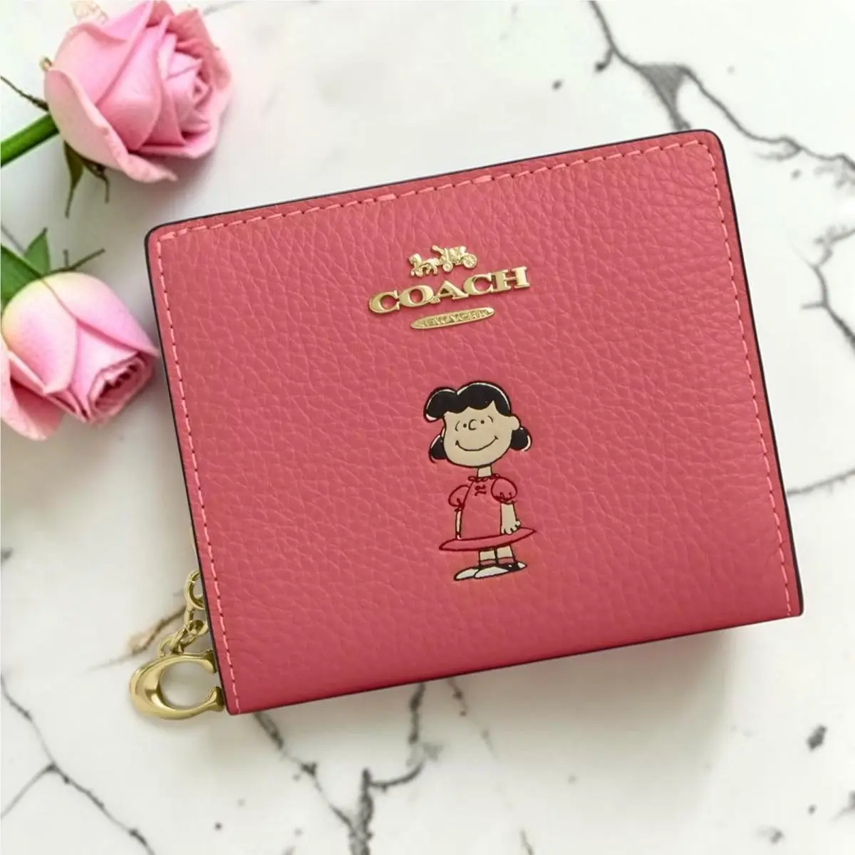 Coach X Peanuts Leather Snap Wallet with Lucy in Bright Coral CBN89