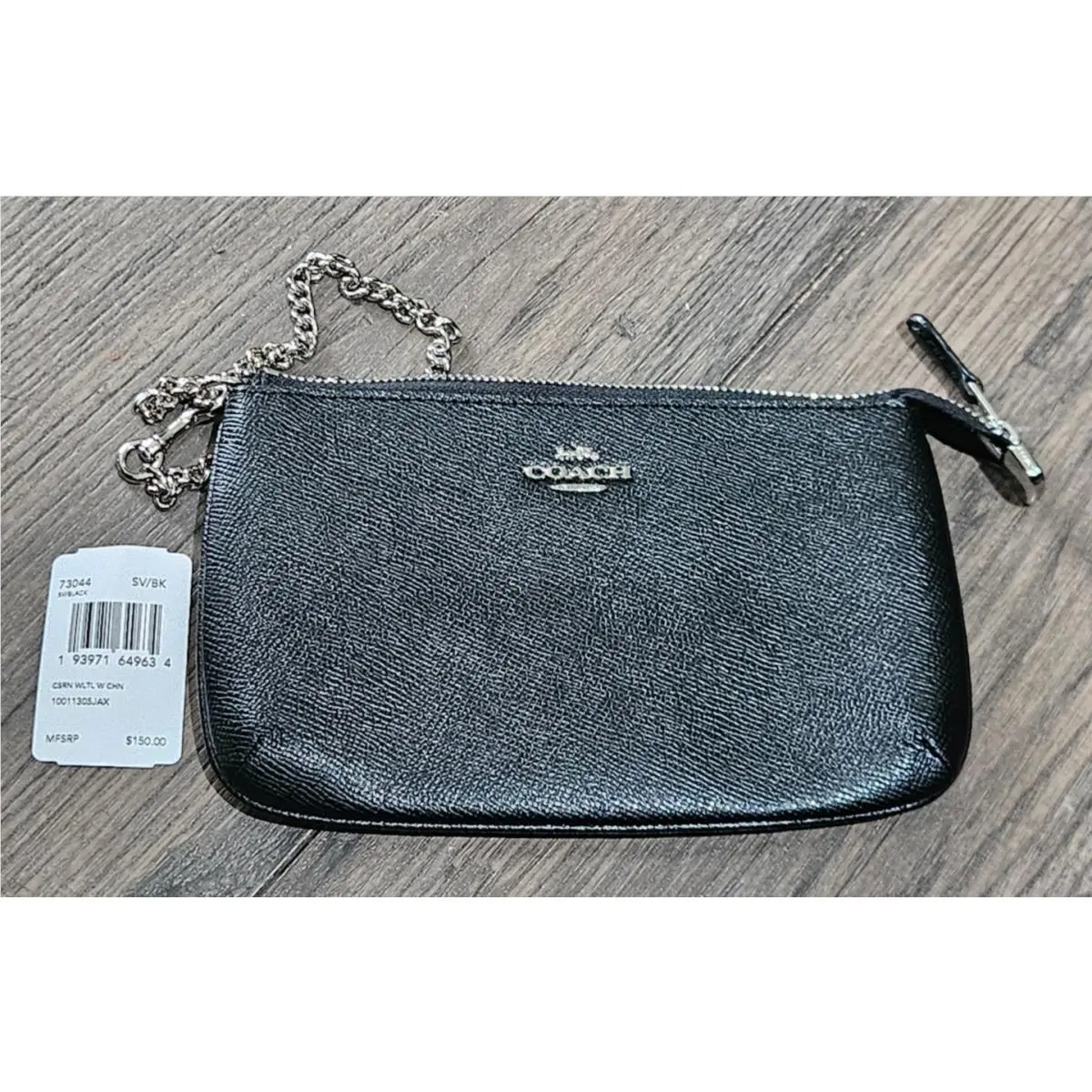 Coach 73044 Black Crossgrain Leather Large Silver Chain Wristlet