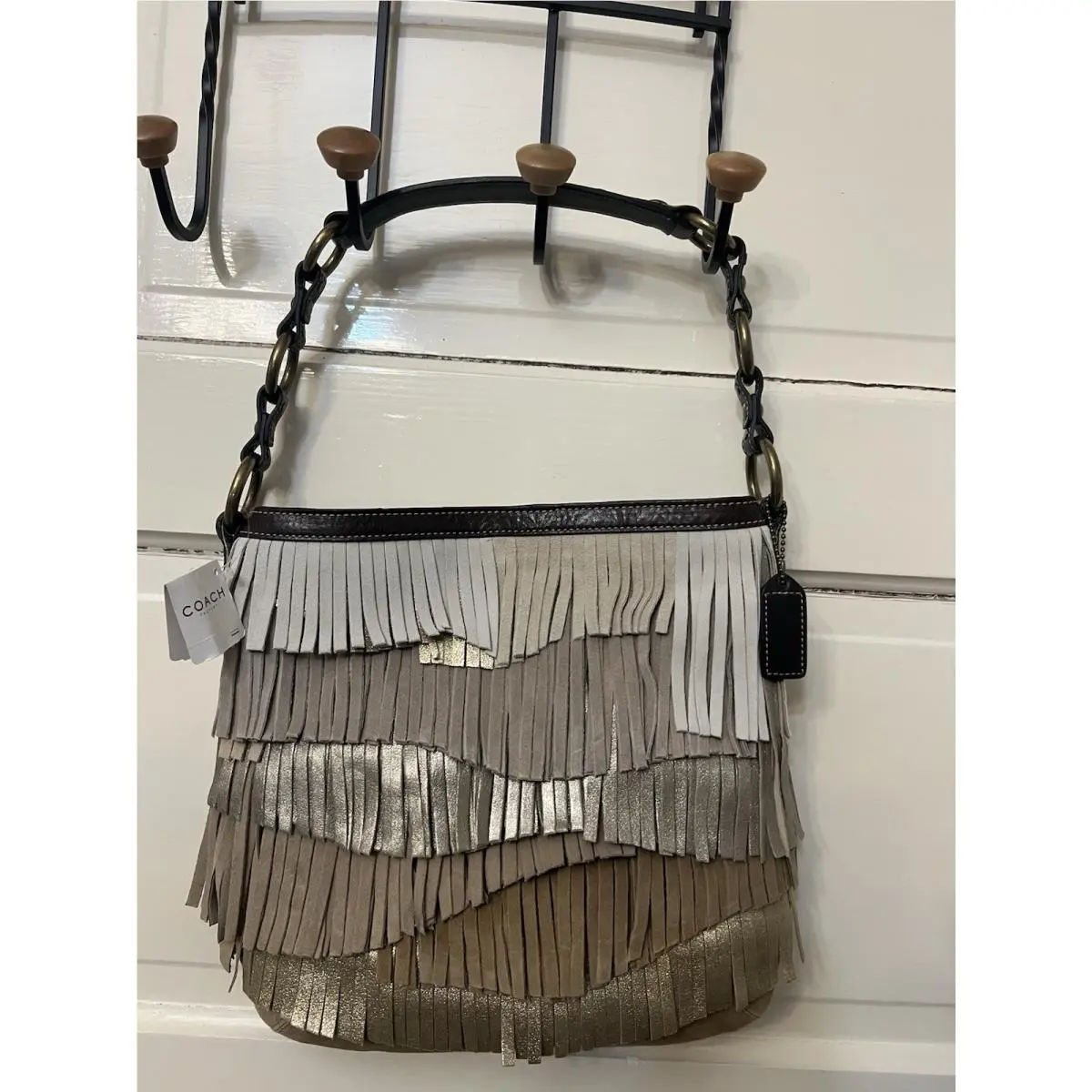 Coach Vtg Metallic Silver Fringe Crossbody Boho Shoulder Layered Purse Y2K