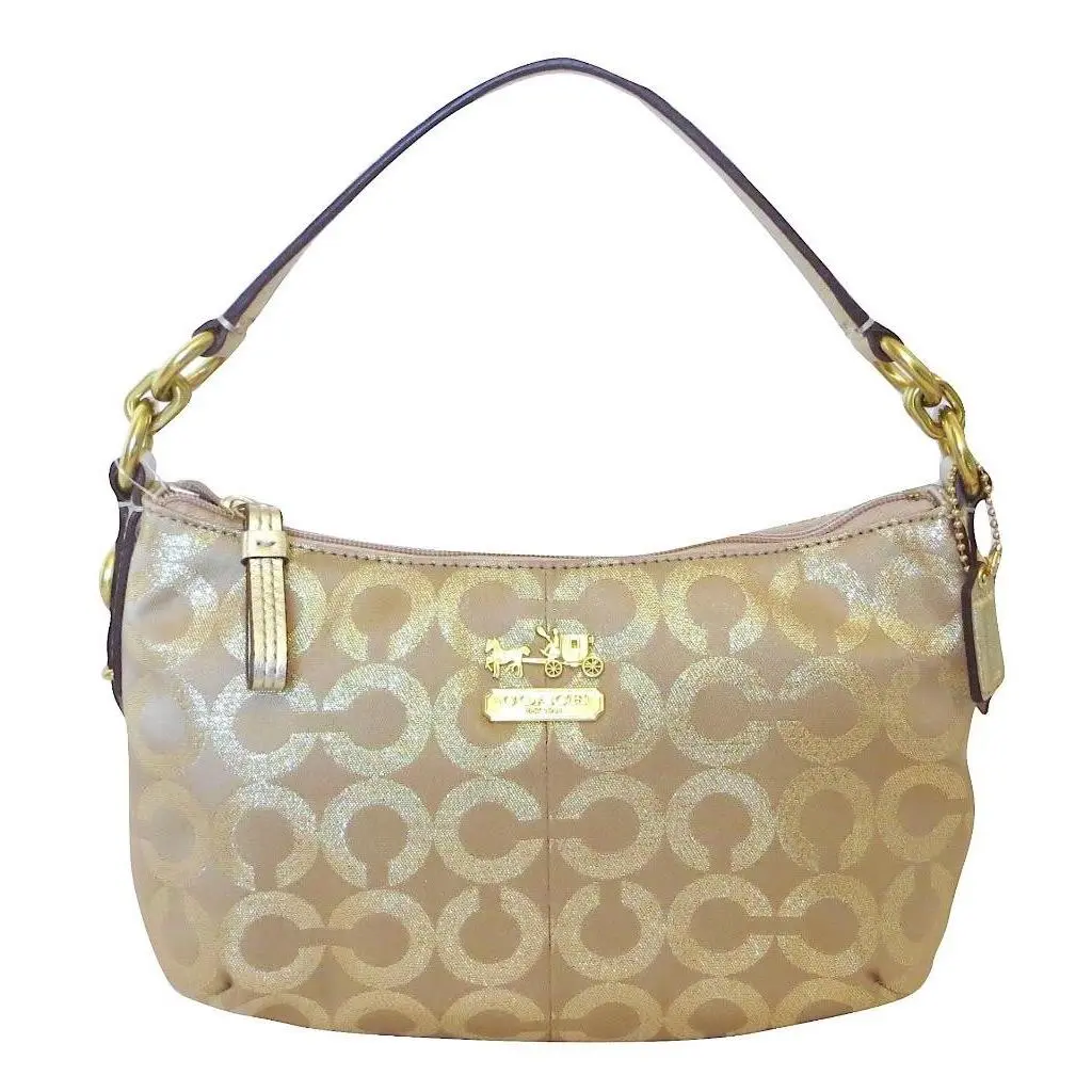 Coach Mia Signature Khaki Gold Lurex Top-handle Pouch Purse 44594 Rare