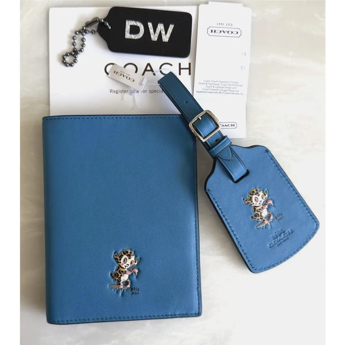 Coach Baseman Buster Peacock Blue Leather Passport Luggage Tag 64745