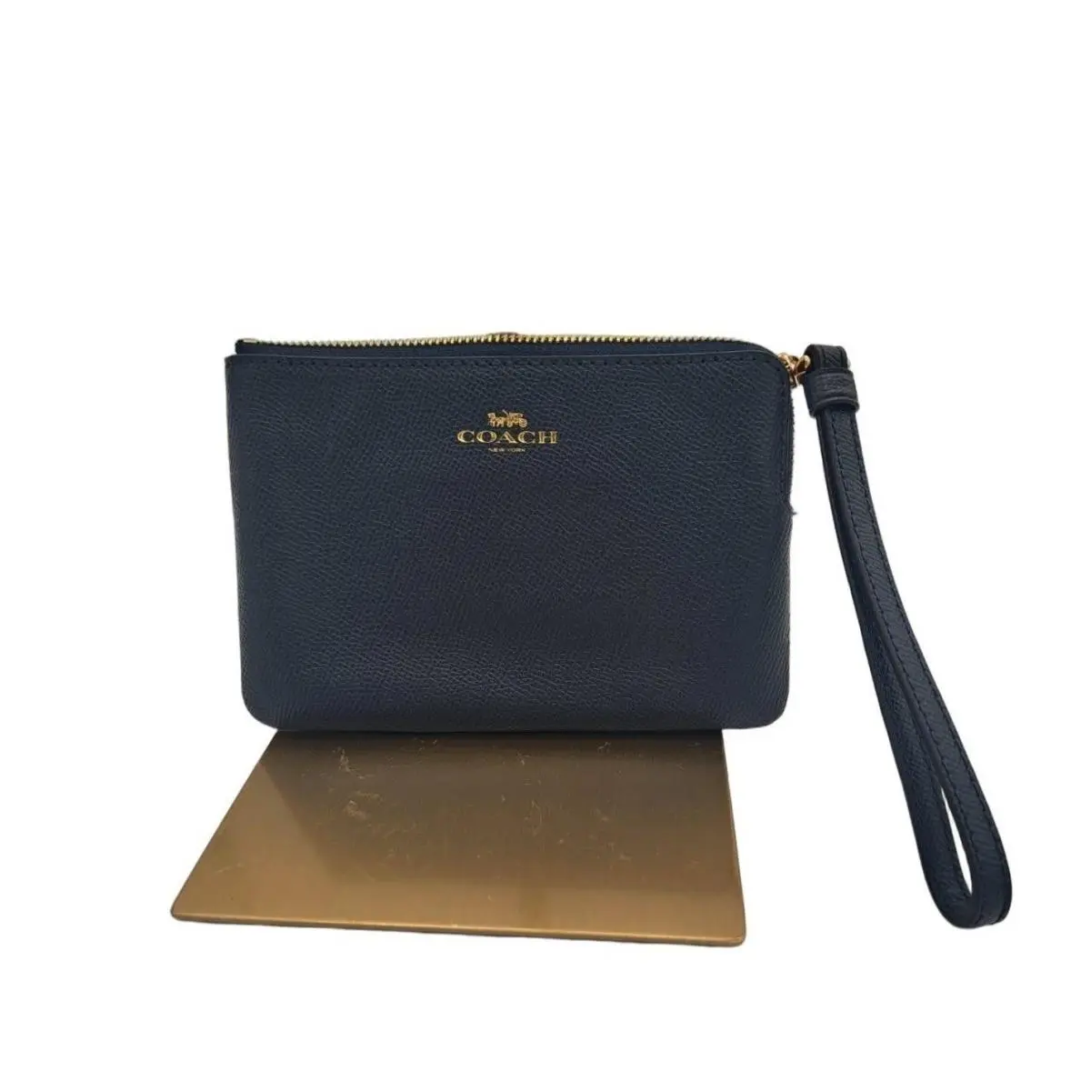 Coach Wristlet Bag Women`s Navy Blue Pebbled Leather Gold Logo Zip Purse