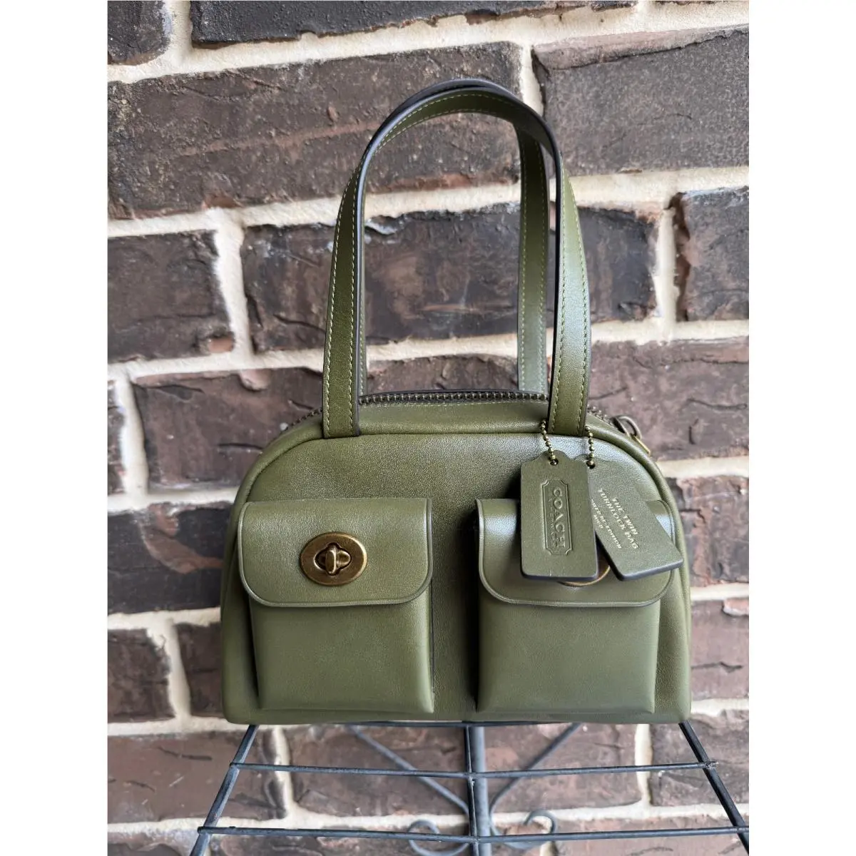 Coach Originals Twin Turnlock Sm Waxed Leather Shoulder Bag 20 Olive Green