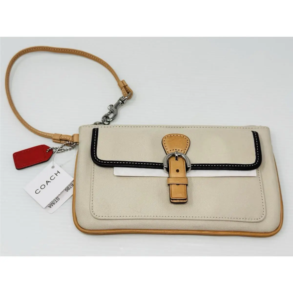 Vintage Coach Soho Canvas Tan Beige Brown Skinny Wristlet with Buckle