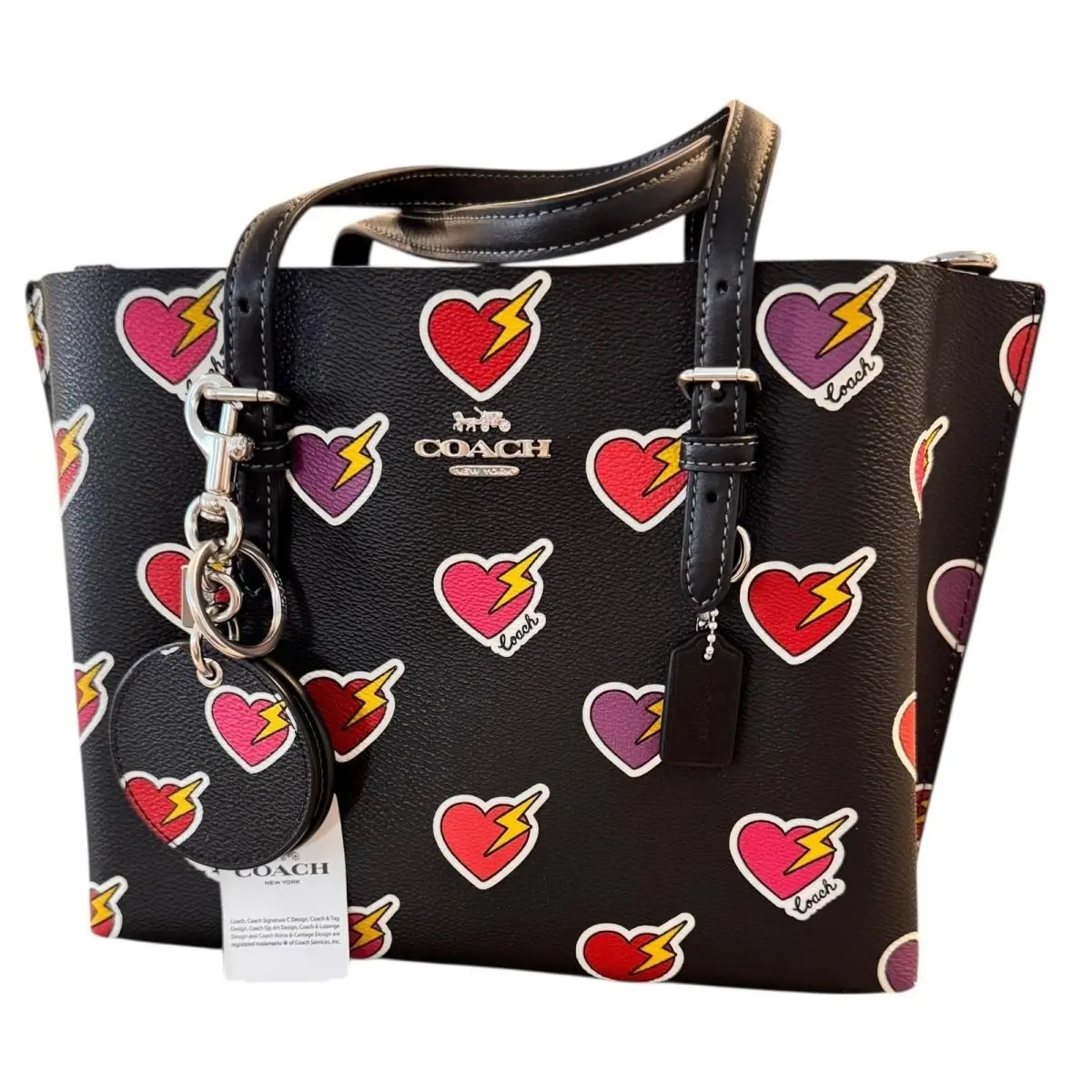 Coach Tote Bag Black Hearts Lightning Bolts Charm Leather Top Handle