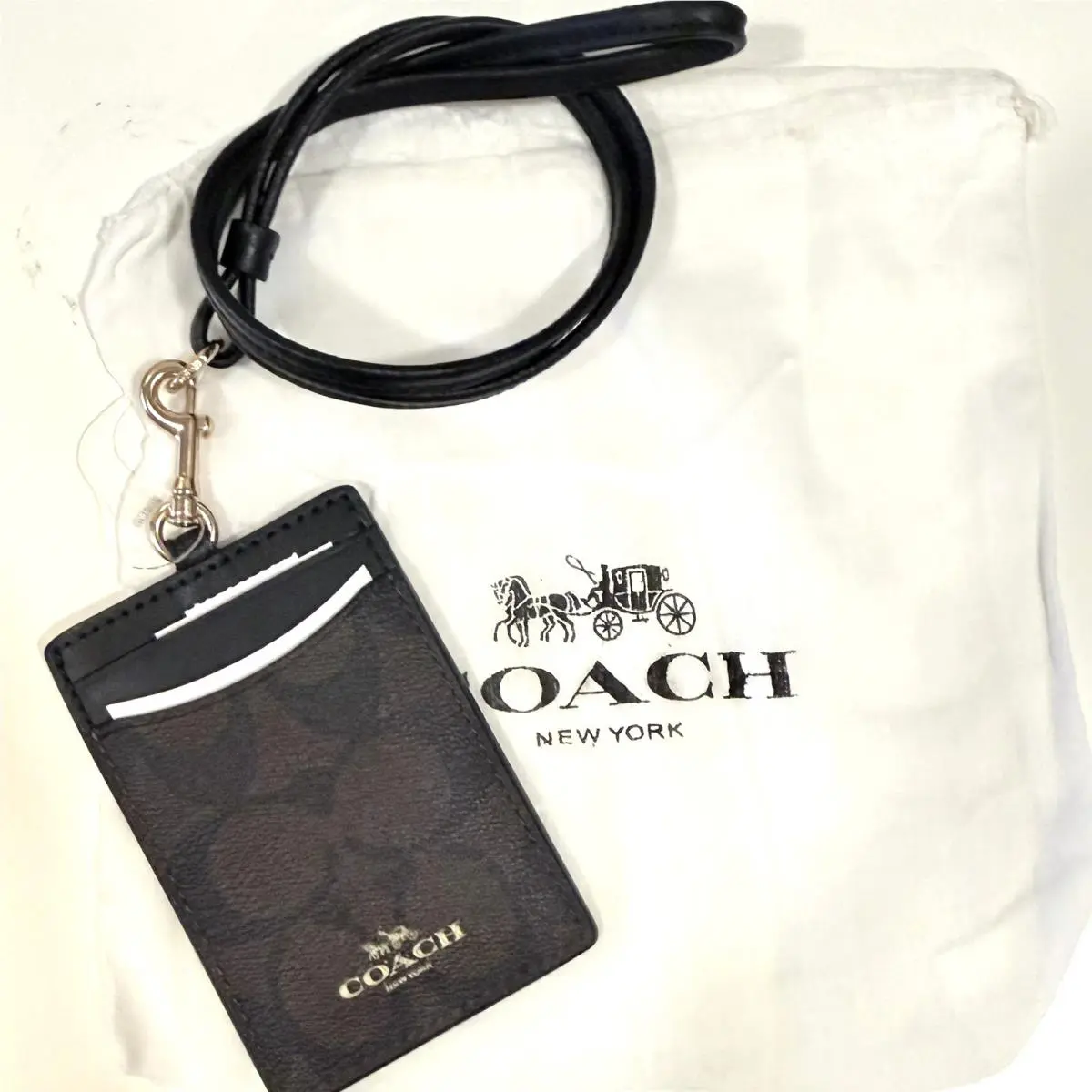 Coach Signature Lanyard ID Credit Card Case Wallet Dark Brown 63274 Dust Bag