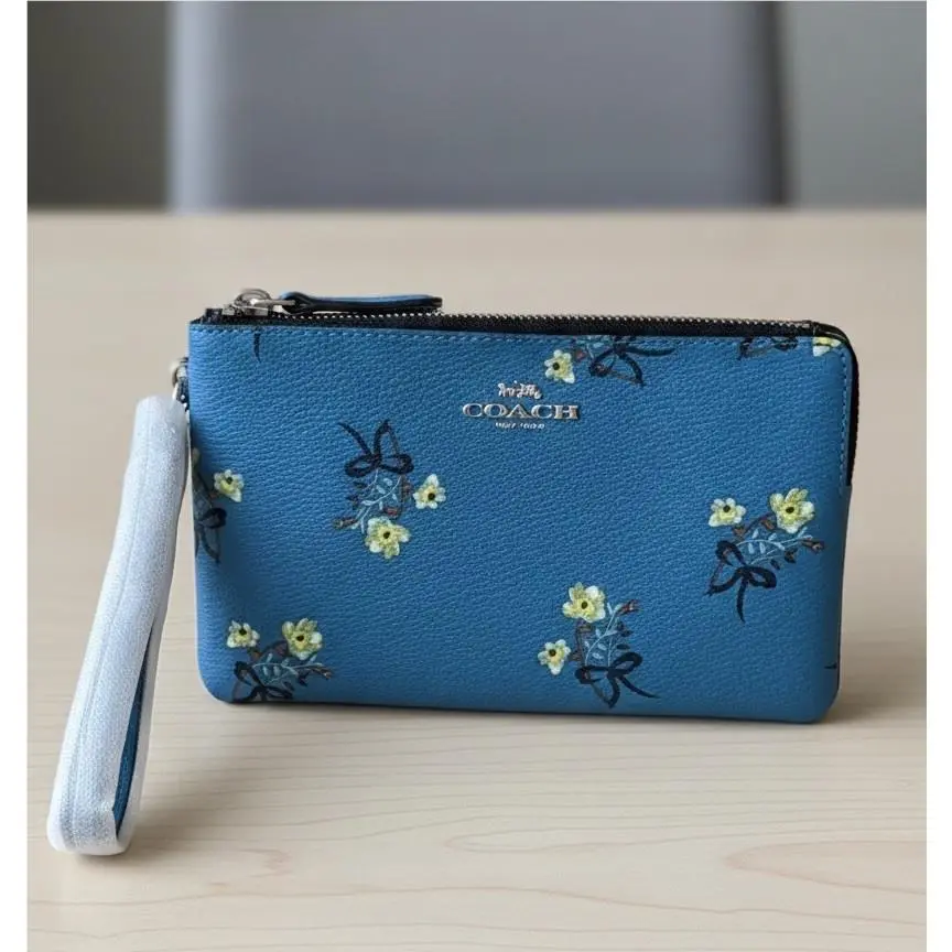 Coach C7382 Corner Zip Wristlet in Blue Multi Floral Bow Print – Flowers