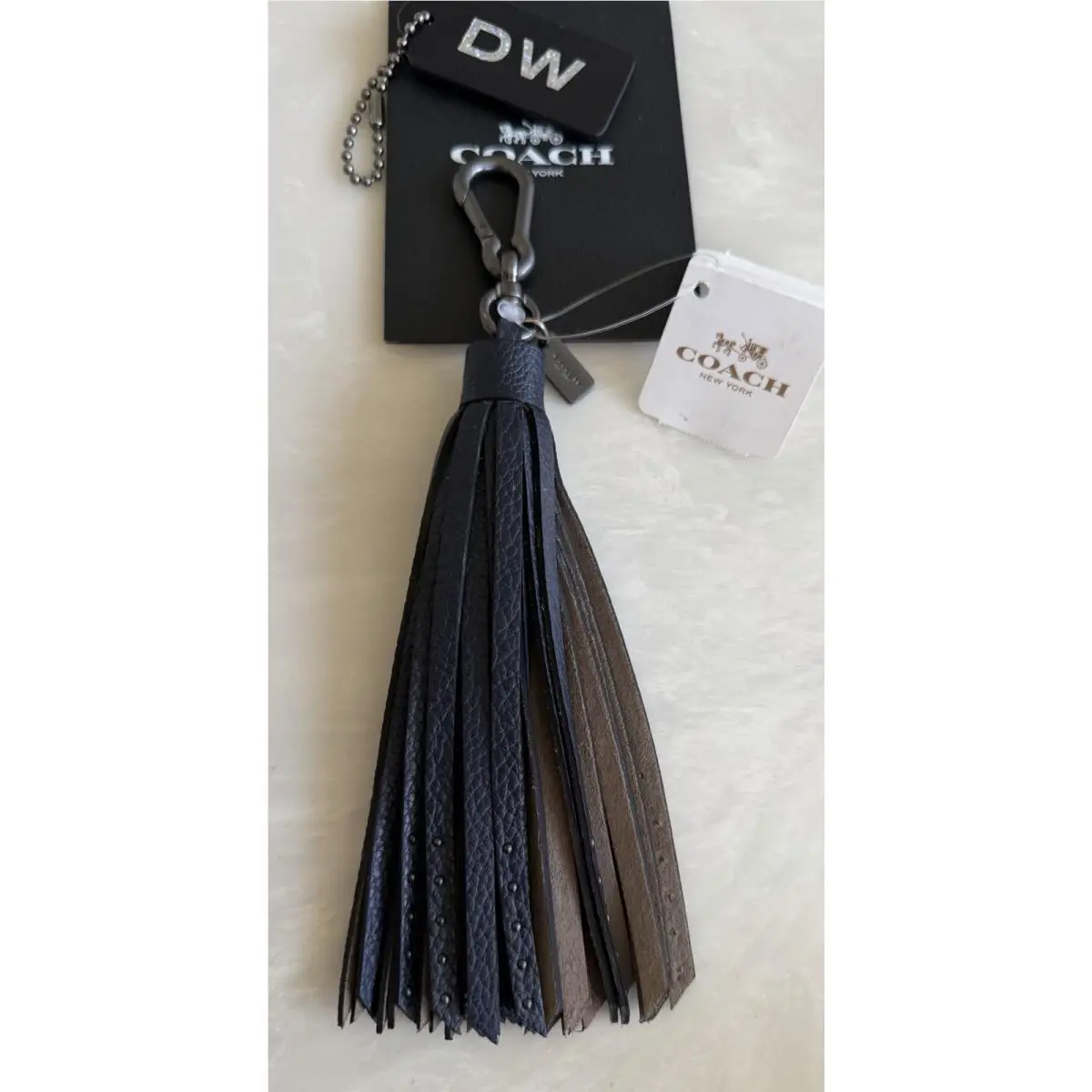 Navy Blue Leather Long Tassel Rivets Bag Charm Fob Gunmetal 65834 by Coach