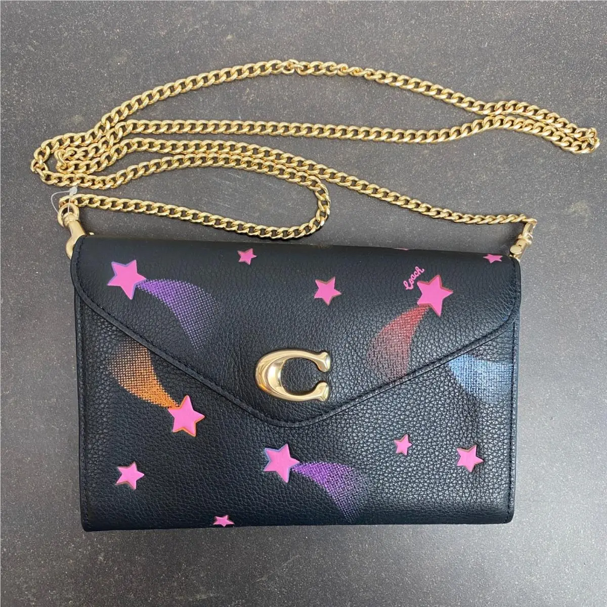 Coach Tammie Disco Star Crossbody Black Leather Clutch Chain C7302