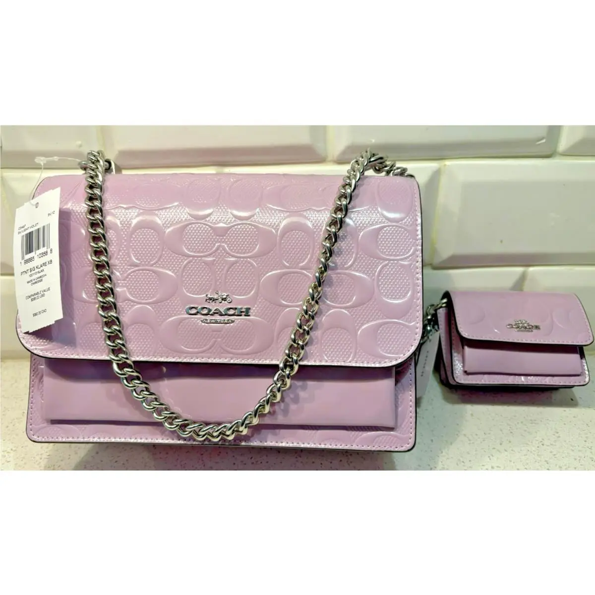 Coach Patent Klare Hand Bag W/ Matching Bag Charm Key Ring Light Violet