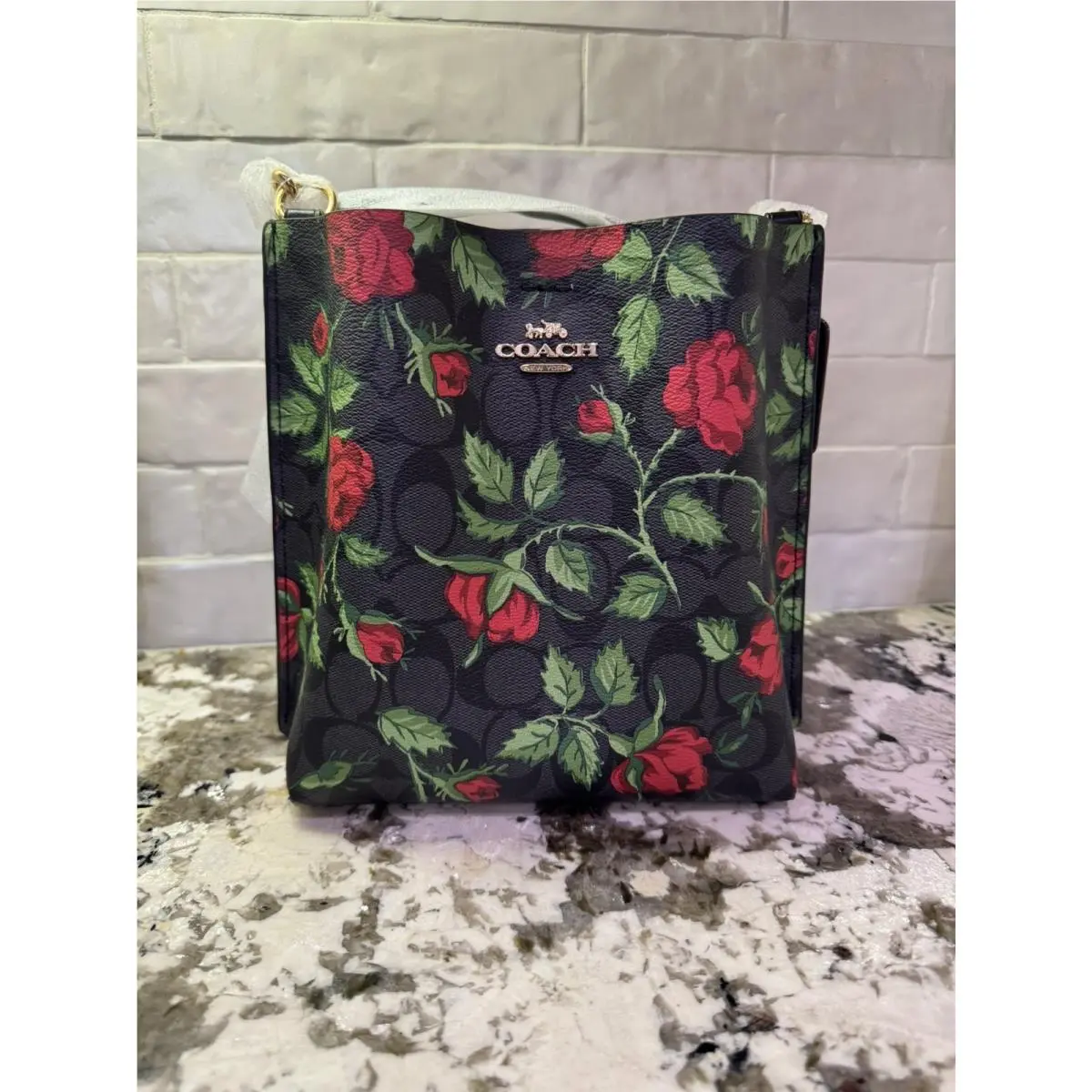 Coach Black Signature Canvas Red Rose Print Mollie Bucket 22 Shoulder Bag