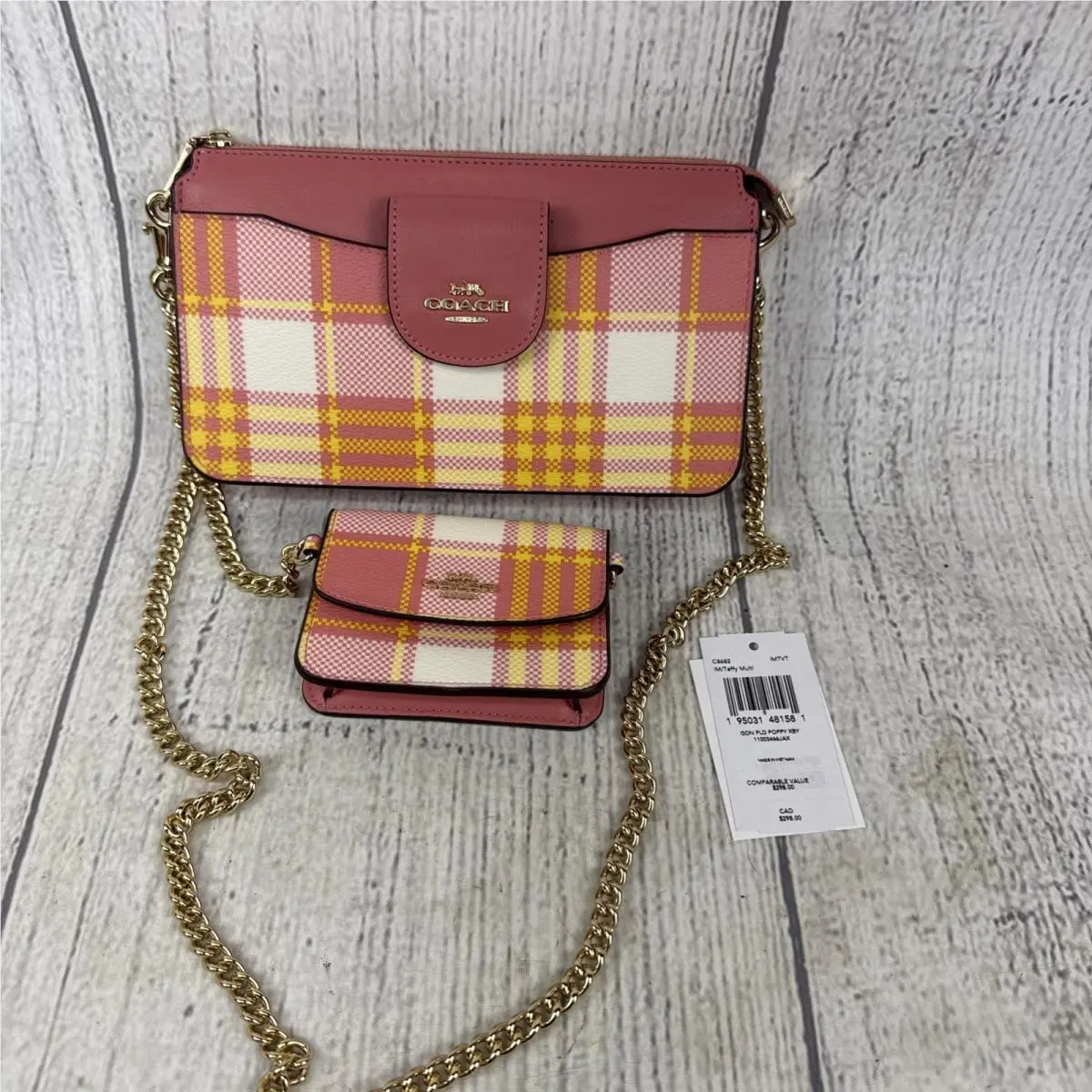 Poppy Crossbody with Garden Plaid Print Gold/taffy Multi C8682 -new w Tags by Coach